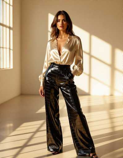 A striking model commands attention in a sun-drenched minimalist loft, showcasing sleek crocodile-print satin trousers and an open silk blouse. Golden hour light creates long shadows, highlighting the intricate textures against a warm, high-fashion editorial backdrop.
