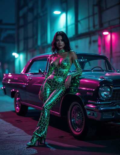 A seductive woman in a glowing neon crocodile bodysuit leans against a vintage car in a deserted industrial setting. Teal and magenta lighting creates a cyberpunk atmosphere with shallow depth of field and cinematic film grain, emphasizing the woman as the central subject.