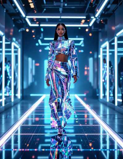 A striking ethnic woman models a holographic crocodile print outfit on a moving runway in a futuristic studio. Cool LED lighting and geometric architecture create a sci-fi editorial scene, emphasizing the reflective garment's dynamic shimmer.