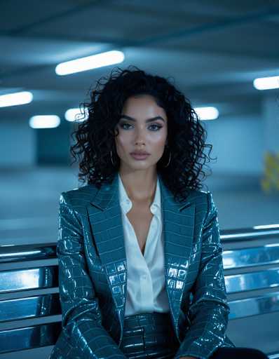 A woman with voluminous dark curls sits confidently on a chrome bench in an empty underground parking garage. She wears a structured, iridescent crocodile print blazer over a white silk blouse, bathed in moody blue chiaroscuro lighting. The sharp details and high contrast evoke a black and white film aesthetic, emphasizing her poised presence.