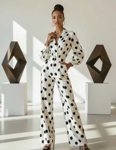 A stylish ethnic woman in a Dalmatian print jumpsuit commands attention against a minimalist art gallery. Dramatic lighting and geometric sculptures create a sophisticated, vintage-inspired aesthetic with a grainy film texture. Her pose is confident and dynamic, highlighting the bold pattern and elegant silhouette.