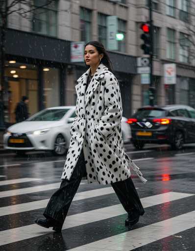 A stylish ethnic woman confidently walks across a rain-slicked city street, her bold Dalmatian print coat and wide-leg pants creating dynamic fashion. Motion blur emphasizes her stride, while the cool expression adds captivating energy against a blurred urban backdrop of cars and buildings.