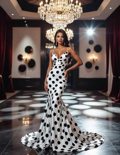 A stunning ethnic woman in a black and white polka-dot gown commands attention in a luxurious ballroom. Crystal chandeliers illuminate her elegant silhouette against dark wood flooring and abstract wall art, creating dramatic shadows in this high-glamour fashion shot.