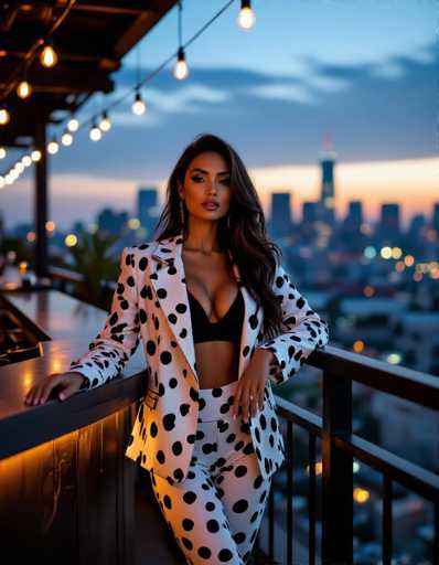 A seductive ethnic woman in a Dalmatian print jacket and leggings leans against a rooftop railing at twilight, gazing at the city skyline. Warm string lights illuminate the modern bar setting, creating a cinematic and stylish fashion photograph with a focus on her confident pose.