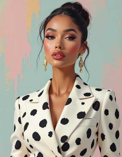 A seductive ethnic woman in a crisp Dalmatian print suit dominates the frame, set against a surreal background of melting pastel brushstrokes. The high contrast spots and painterly texture blend with photorealism, creating a striking 8k render.