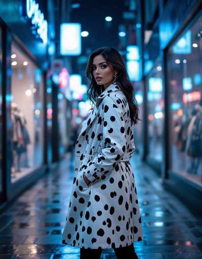 A stylish ethnic woman in a bold Dalmatian trench coat stands confidently in a cool-toned urban alleyway. The sleek, monochrome outfit contrasts with the playful print, while neon signs reflect on wet pavement. Her casual pose and direct gaze create a captivating, mysterious allure.