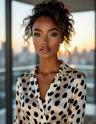 A confident woman with diverse heritage commands attention in a high-fashion editorial shot. She wears an elegant Dalmatian silk blouse in a modern penthouse, bathed in golden hour light. Sharp focus highlights her expressive eyes against a blurred cityscape backdrop, captured with an 85mm lens and f1.8 aperture for photorealistic texture.
