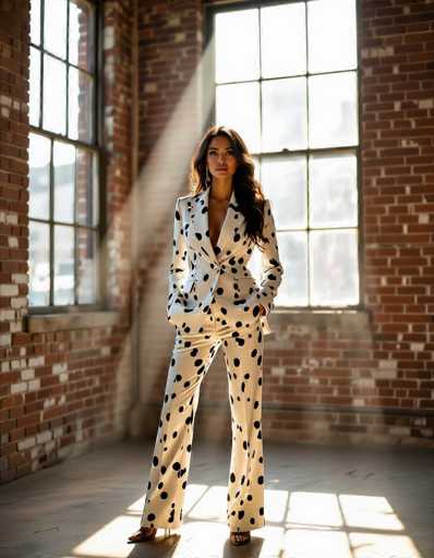 A stylish ethnic woman in a bold Dalmatian print suit commands attention in an urban loft. Dramatic rim lighting from large windows highlights the industrial brick walls and dust motes dancing in the beams, creating a striking editorial portrait.