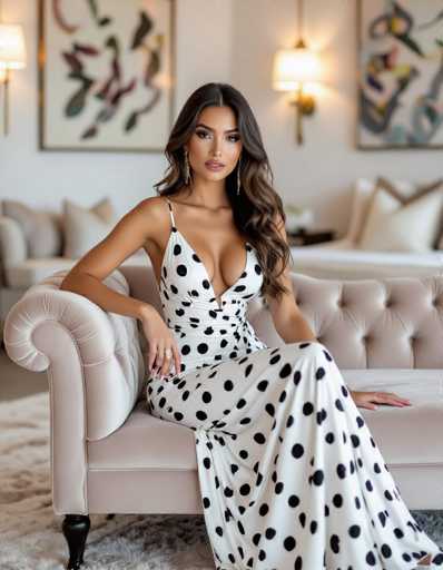 A seductive ethnic woman in a black and white polka-dot maxi dress lounges on a plush chaise longue in a luxurious bedroom. Soft lighting highlights her smoky makeup and loose waves, set against neutral tones and modern art. The focus is sharp on her face, creating a high-end fashion aesthetic.