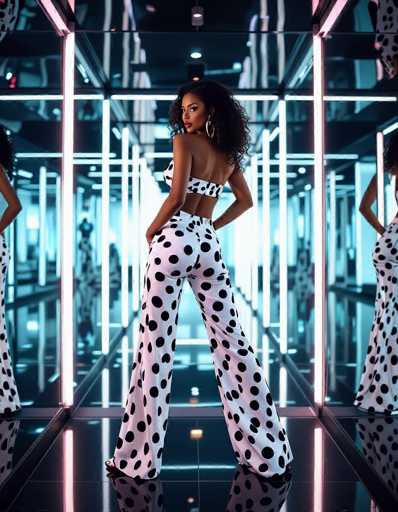 A seductive ethnic woman in a Dalmatian print outfit poses in a futuristic showroom with mirrored walls and neon lights. The bold pattern contrasts with the sleek environment, creating tension as she glances back, emphasizing her silhouette and playful movement.