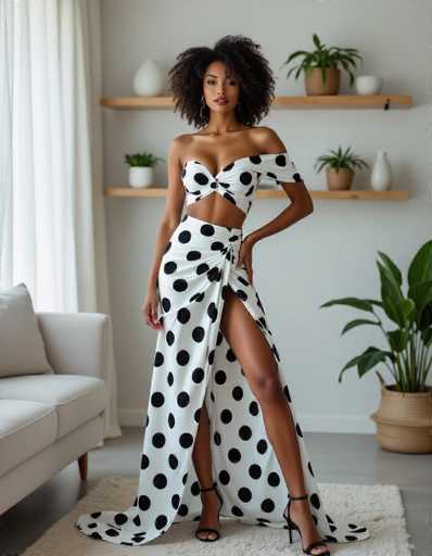 A confident ethnic woman in a striking black and white polka-dot dress stands elegantly in a minimalist living room. Floating shelves display plants, while sheer curtains filter soft natural light. The fashion photography style features a medium format look, emphasizing the woman's bold expression and attire.