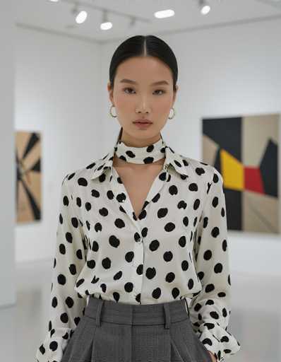 A poised ethnic model in a black and white Dalmatian print top and grey trousers stands confidently in a minimalist art gallery. Spotlights illuminate her textured outfit against stark white walls, with abstract paintings subtly blurred in the background.