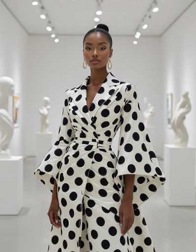 A striking ethnic woman in a bold Dalmatian print outfit stands confidently in a modern art museum. The avant-garde structured design features asymmetrical sleeves, set against white walls and sculpture installations illuminated by soft gallery lighting. Her thoughtful gaze adds to the sophisticated fashion photography style.