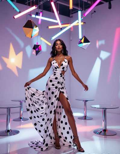 A striking ethnic woman in a Dalmatian print silk dress commands attention in a modern art space. Geometric shapes and colorful lighting create a vibrant backdrop, highlighting her dynamic pose and elegant silhouette amidst minimalist glass stools and chrome tables.