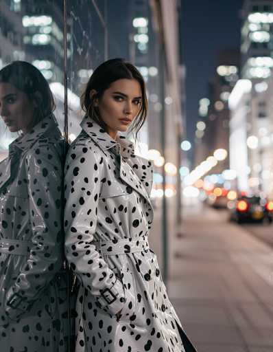 A stylish woman in a bold Dalmatian leather trench coat leans against a reflective skyscraper wall at night. The blurred city lights create depth, highlighting her confident pose and edgy editorial aesthetic.
