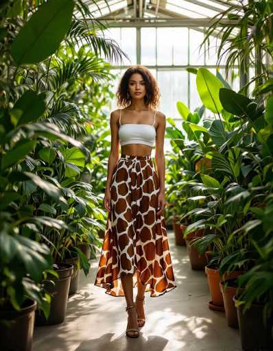 A woman in a flowing giraffe print skirt and crop top stands confidently amidst lush potted plants in an urban greenhouse. Soft dappled sunlight filters through the leaves, creating an ethereal and dreamy atmosphere within a botanical luxury setting. The high-key lighting highlights the model and the vibrant greenery.