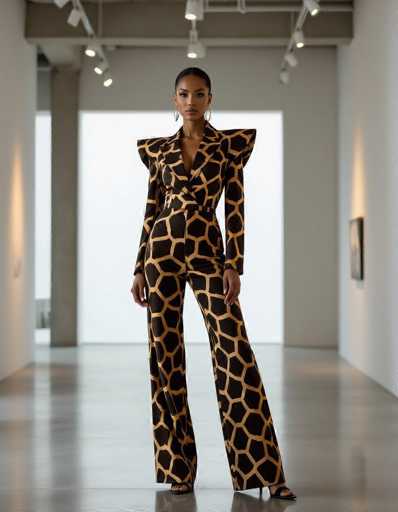 A striking ethnic woman commands attention in a bold giraffe-print jumpsuit within a minimalist gallery. Polished concrete floors and focused lighting highlight her silhouette, while monochrome tones emphasize the vibrant print. Architectural fashion photography showcases a powerful and modern aesthetic.