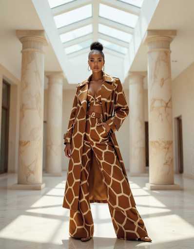 A confident ethnic model stands in a minimalist space with bold columns and stone floors, showcasing a striking giraffe-print ensemble. The structured trench coat is draped over one shoulder, creating dynamic shadows from the skylights. The contemporary setting enhances the unique pattern of the garment.