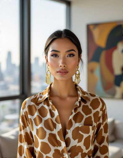 An ethnic woman with striking features and bold gold earrings is the central focus, wearing a stylish giraffe-print linen shirt over a matching camisole. Soft morning light illuminates the modern loft, featuring contemporary art and a blurred city skyline through large windows.