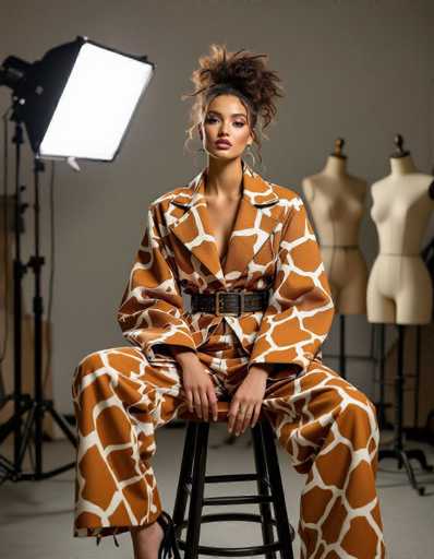A fashion model in a striking, deconstructed giraffe print jumpsuit sits on a stool in a studio. Mannequins and softbox lighting create an editorial backdrop, emphasizing a creative, behind-the-scenes aesthetic. The image showcases avant-garde fashion with a focus on artistic direction.