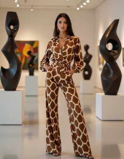 A seductive ethnic model in a giraffe-print jumpsuit poses confidently in a modern art museum. Abstract sculptures and neutral gallery walls create a sophisticated backdrop, highlighting the model's figure and the bold print. The lighting emphasizes her form in a professional yet alluring setting.