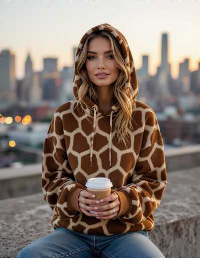 A stylish woman with long blonde hair sits casually on a concrete ledge, holding a coffee cup. An oversized giraffe print hoodie and blue jeans complete her relaxed yet chic look. The blurred city skyline creates a warm bokeh background, evoking a candid street photography vibe.