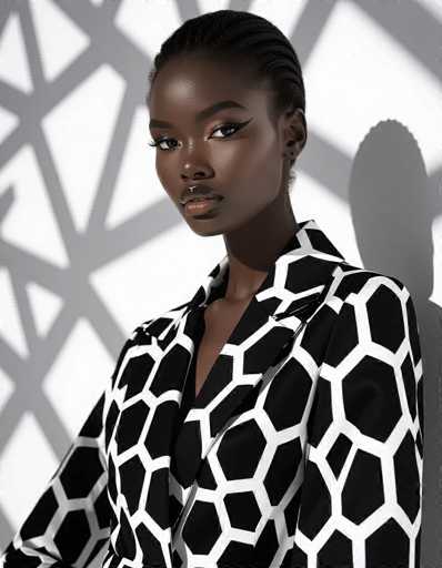 A confident ethnic model commands attention in a sleek black and white geometric studio, showcasing an avant-garde giraffe-print garment. Dramatic side lighting sculpts her face, emphasizing striking features against the monochromatic backdrop. The animal print is the undeniable focal point of this fashion-forward composition.