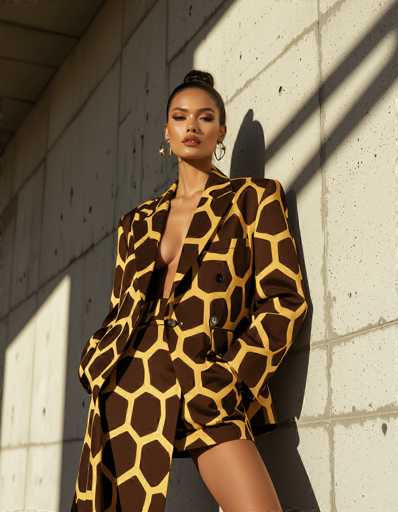 An ethnic model commands attention in a bold, deconstructed giraffe-print suit against a textured concrete wall. Hard, graphic shadows from brutalist architecture create an avant-garde fashion portrait reminiscent of Helmut Newton's style, emphasizing sharp lines and confident posing.