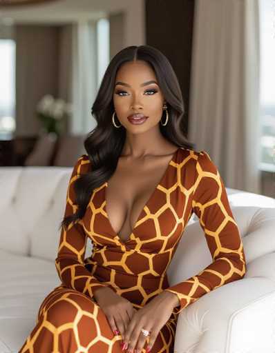 A confident ethnic woman in a striking giraffe-print dress sits elegantly on a white velvet sofa in a luxurious penthouse. The warm tones of her outfit contrast with the monochrome interior, creating a sophisticated and inviting portrait.