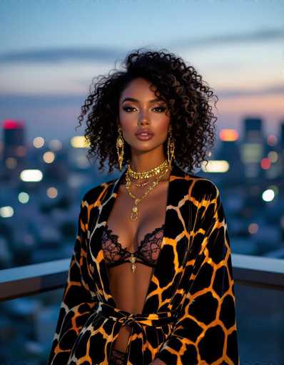 A striking ethnic model with voluminous dark curls and gold jewelry commands attention in a sultry editorial shot. Draped in a bold giraffe-patterned velvet robe over lingerie, she stands on a rooftop overlooking Tokyo at twilight. The bokeh background and dramatic lighting create a captivating chiaroscuro effect.