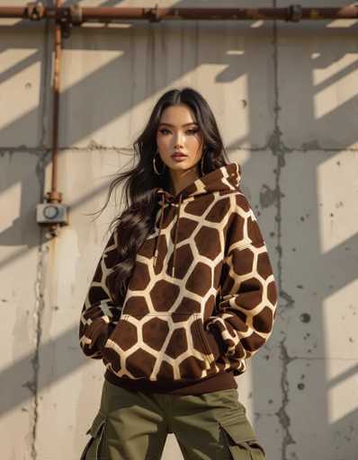 An ethnic woman with striking makeup and long hair confidently poses in an oversized giraffe-print hoodie and cargo pants against a textured concrete wall. Industrial piping adds to the urban backdrop, illuminated by harsh overhead lighting that creates dramatic shadows and highlights the clothing's texture.