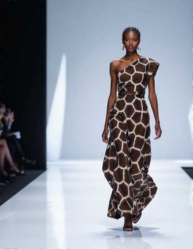 A striking ethnic model confidently strides down a white runway in an asymmetrical giraffe-print dress, illuminated by harsh flash. The minimalist studio features clean lines and geometric composition, creating a high-energy runway fashion editorial with a focus on the model's dynamic movement.
