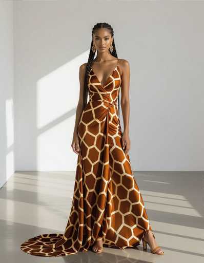A confident woman with olive skin and intricate braids models a bold giraffe-print silk dress in a minimalist white gallery. The shallow depth of field emphasizes her face and the flowing fabric, creating a high-fashion editorial aesthetic with muted tones highlighting the vibrant animal print.
