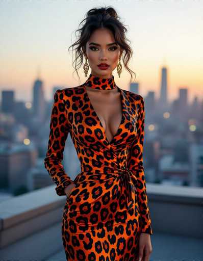 A seductive ethnic woman in a striking black and orange jaguar print silk dress commands attention on a rooftop at dusk. The blurred city skyline, bathed in golden hour light and volumetric fog, creates a dramatic backdrop for this photorealistic portrait shot on a Leica M6.