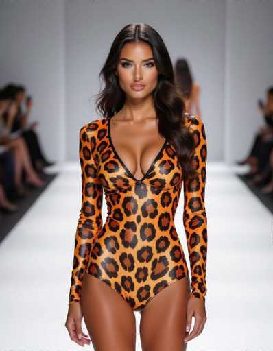 A striking model with deep eyes and a bold smile commands attention in a revealing, vibrant orange and black jaguar-print bodysuit on a minimalist runway. The sharp studio lighting highlights her skin, creating reflections against the clean backdrop of a gallery space.