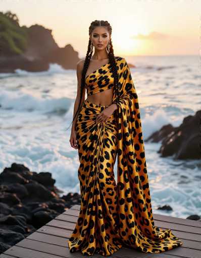An alluring woman with intricate braids models a striking, draped saree in bold jaguar print. She stands on a wooden deck overlooking a sunset ocean with crashing waves and dark rocks, bathed in soft golden light. The image showcases a fashion-forward style with a focus on texture and dramatic color contrast.