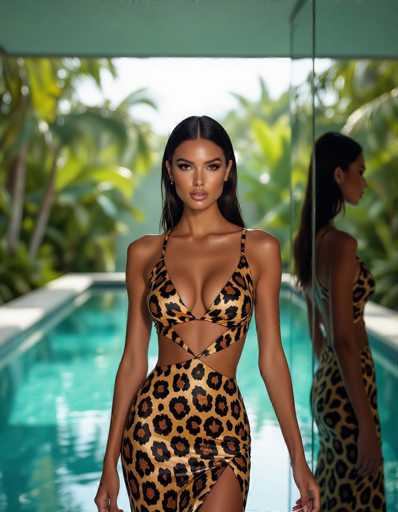 A stunning model in a leopard-print cutout dress stands before an infinity pool, reflected in a mirrored wall. Lush tropical foliage and soft lighting create a high-fashion editorial scene with symmetrical framing, emphasizing the model's figure and luxurious setting.