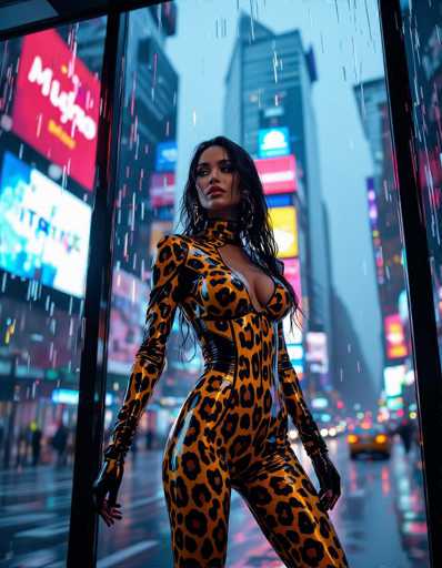 A sensual ethnic model in a futuristic jaguar-print bodysuit stands confidently against a rain-streaked window of towering skyscrapers. Vibrant digital billboards create a high-contrast urban scene with heavy shadows and neon highlights, emphasizing the model's sleek silhouette.