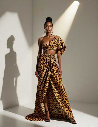 An ethnic woman commands attention in a contemporary art gallery, showcasing a sculptural jaguar print outfit. Dramatic directional spotlights cast deep shadows on white walls, highlighting her captivating gaze and expressive features in this striking fashion portrait.