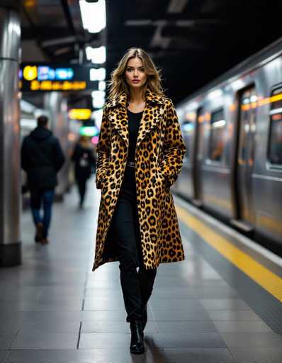 A stylish woman in a bold jaguar print trench coat confidently strides through a modern subway station. The motion blur emphasizes her movement, contrasting with the cool steel tones and warm print colors. Flash photography captures a sharp, focused expression against a high-contrast black and white backdrop.
