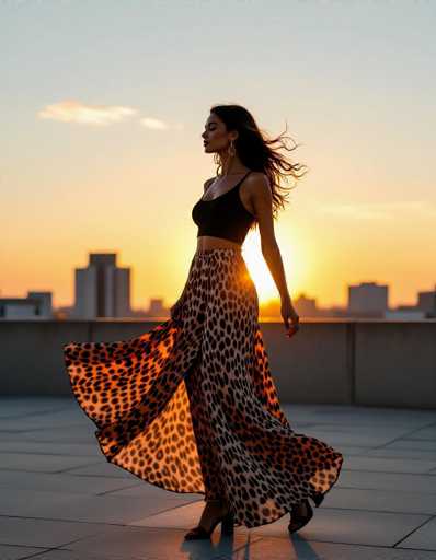 A woman in a flowing leopard print maxi skirt dances on a rooftop at sunset, captured with long exposure to show the skirt's motion. Silhouetted against a golden sky and contemporary city buildings, the scene evokes an editorial feel with a strong rim light.