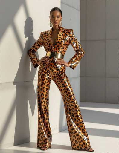 A striking ethnic model commands attention in a bold jaguar print jumpsuit, accentuated by a gold belt and sharp architectural details. The minimalist concrete backdrop and dramatic lighting highlight the outfit's texture and pattern, conveying strength and sensuality in a high-end contemporary fashion setting.
