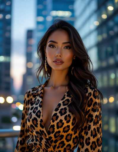 An ethnic woman with long, wavy hair is the central focus in this intimate portrait. She wears a flowing jaguar print top with structured shoulders, set against a blurred urban backdrop of glass skyscrapers at dusk. Soft lighting highlights her confident and alluring presence, creating a dynamic interplay between warm and cool tones.