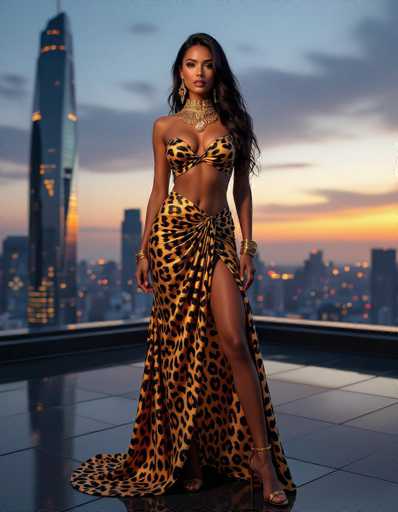 A stunning ethnic woman with glowing skin and ornate gold jewelry commands attention on a glossy rooftop. Draped in a jaguar-print gown, she stands against a futuristic metropolis at twilight, illuminated by dramatic volumetric lighting. The sleek architecture contrasts with the fluid fabric and her curves.