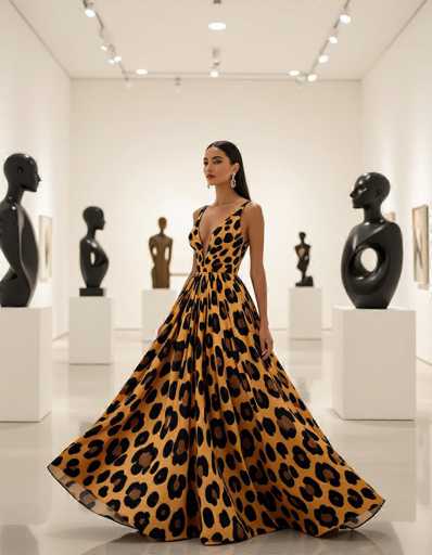 A striking woman in a bold leopard-print gown commands attention in a minimalist art gallery. Modern black sculptures are strategically placed, creating negative space that emphasizes her elegant silhouette and the warm lighting against the stark white walls.