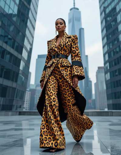 A striking ethnic woman commands attention in a bold jaguar print ensemble against a futuristic cityscape. Layered panels and architectural silhouettes create avant-garde design, highlighted by dramatic lighting emphasizing texture and movement. The polished marble floor underscores her purposeful stride in this powerful fashion shot.