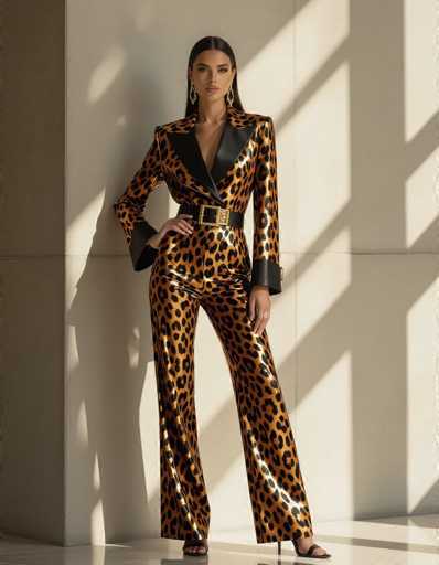 A glamorous ethnic model commands attention in a luxurious jaguar print jumpsuit, accented with gold hardware. The minimalist concrete backdrop and dramatic side lighting highlight her elegant pose and the rich texture of the outfit, creating a sophisticated, high-fashion aesthetic.