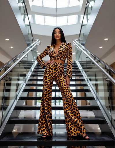 An ethnic model commands attention in a striking jaguar print jumpsuit on a modern staircase. The wide-angle shot highlights her confident pose and the sleek architectural setting with chrome railings and polished surfaces, creating a dramatic interplay of light and texture.
