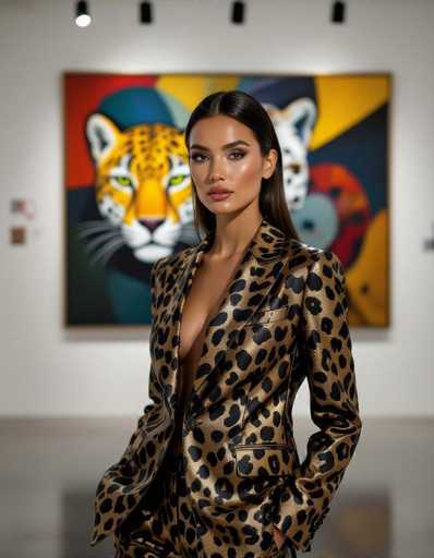 A striking woman in a leopard-print suit commands attention against an abstract painting of two tigers in a modern art gallery. Sharp lighting creates dramatic shadows, highlighting the glossy suit and reflective floor. The composition emphasizes a blend of fashion and art.