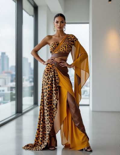 An alluring ethnic model commands attention in a minimalist gallery, showcasing a sculptural outfit with jaguar print and flowing chiffon. The wide-angle shot emphasizes her confident pose against the urban cityscape, highlighting earthy tones and contrasting textures.